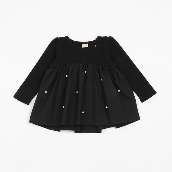 日本 petit main - 珍珠點綴傘狀拼接長袖上衣-淺粉