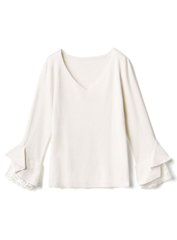 日本 GRL - 氣質V領蕾絲花朵袖針織上衣-天使白