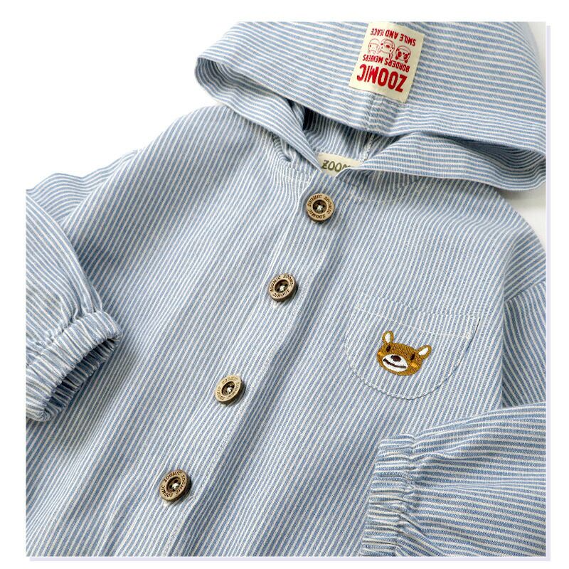 日本 ZOOLAND - 小熊刺繡口袋休閒連帽外套-藍條紋