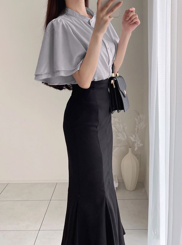 日本 GRL - 簡約立領層次短袖襯衫-藍灰 (F)