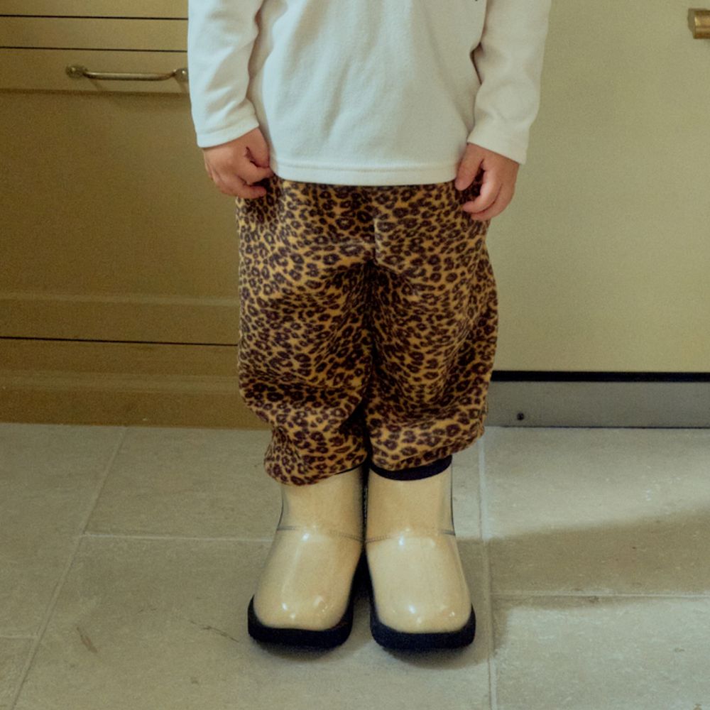 First Blue (內磨毛)鬆緊腰復古豹紋縮口長褲-咖啡X黃