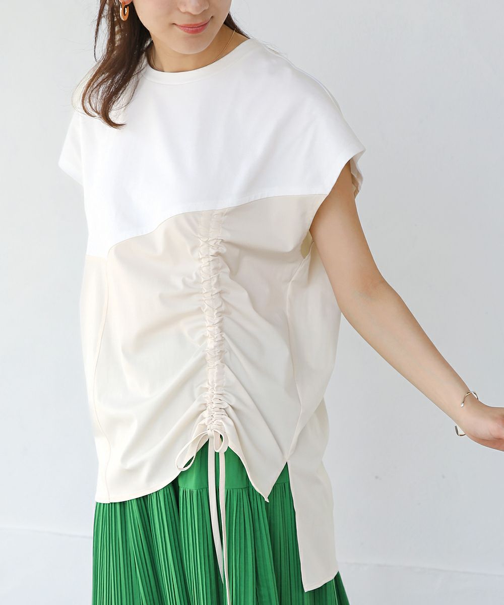 日本 Bab - 撞色拼接抽繩法式袖上衣-白