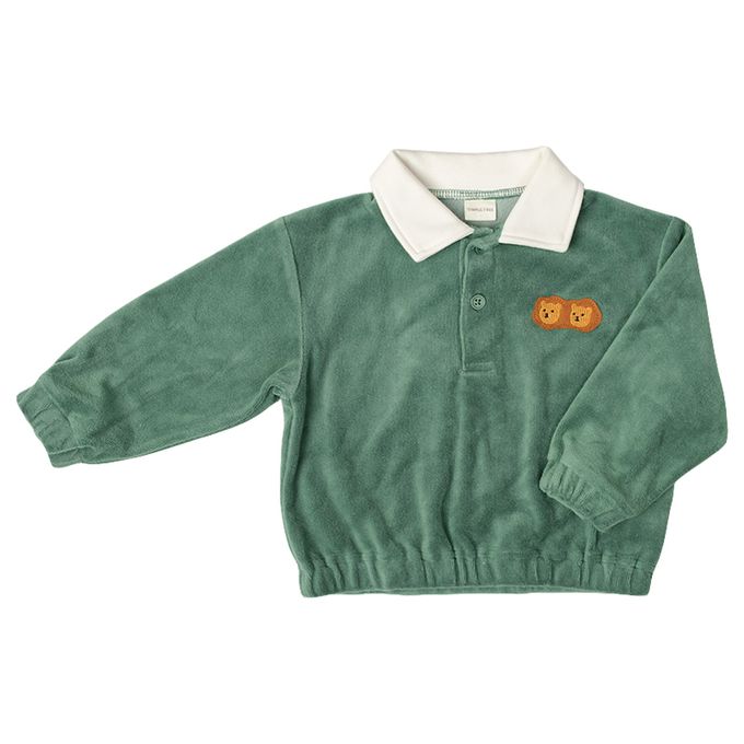 akachan honpo - 長袖亨利領休閒上衣-天鵝絨-綠色