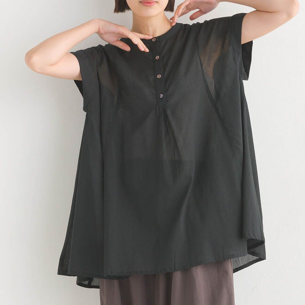 100%印度棉 飄逸亨利領法式袖上衣-黑