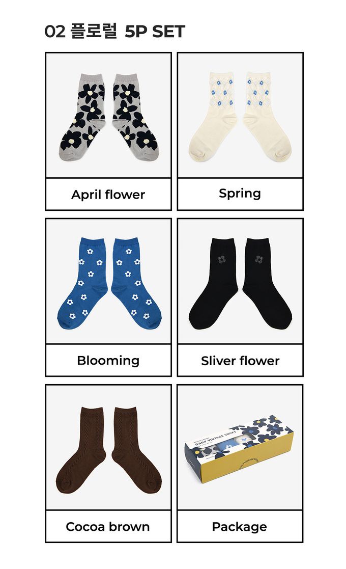 韓國 Daily Like - 女用襪子/中筒襪5入組-花朵02 (220~250mm)