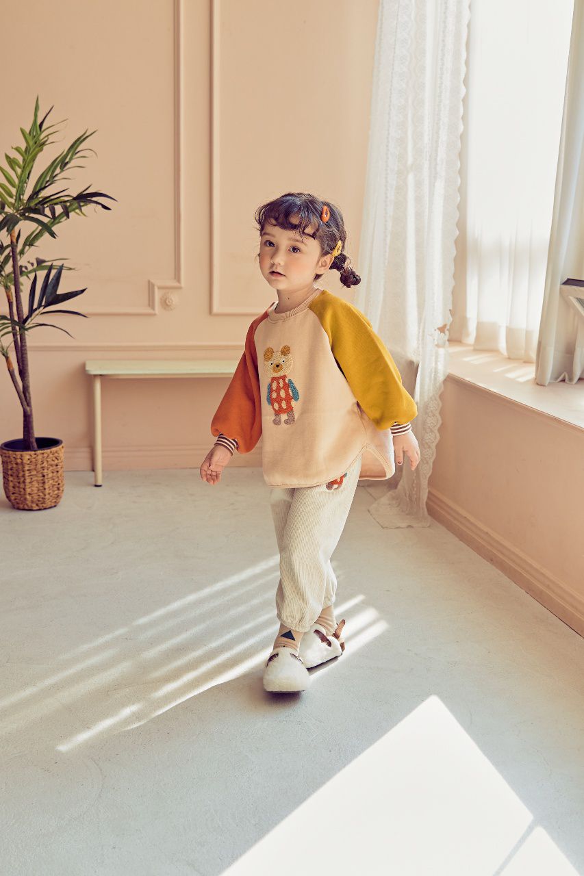 韓國 Mimico - (裏起毛)立體熊熊拼接色T-橘X黃