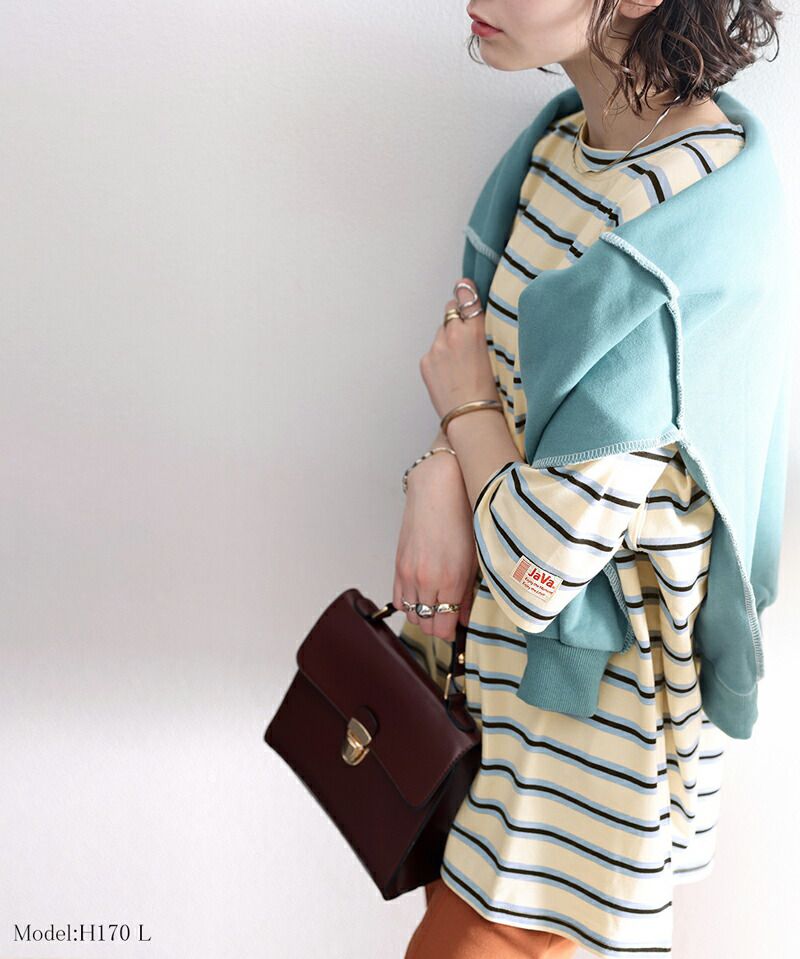 日本 Classical Elf - 圓領橫條紋落肩短袖上衣-淺卡其