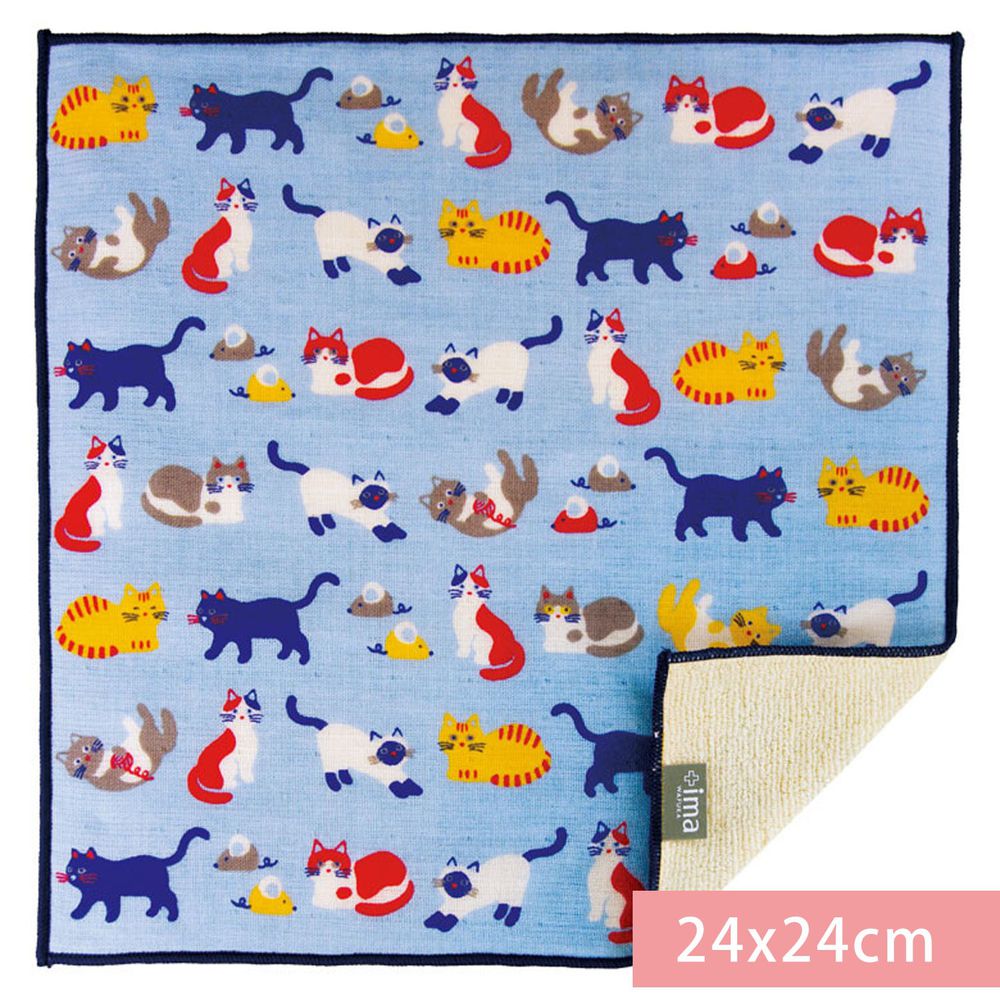 日本代購 - 【ima+】日本製今治純棉手帕-貓的一天-藍 (24x24cm)
