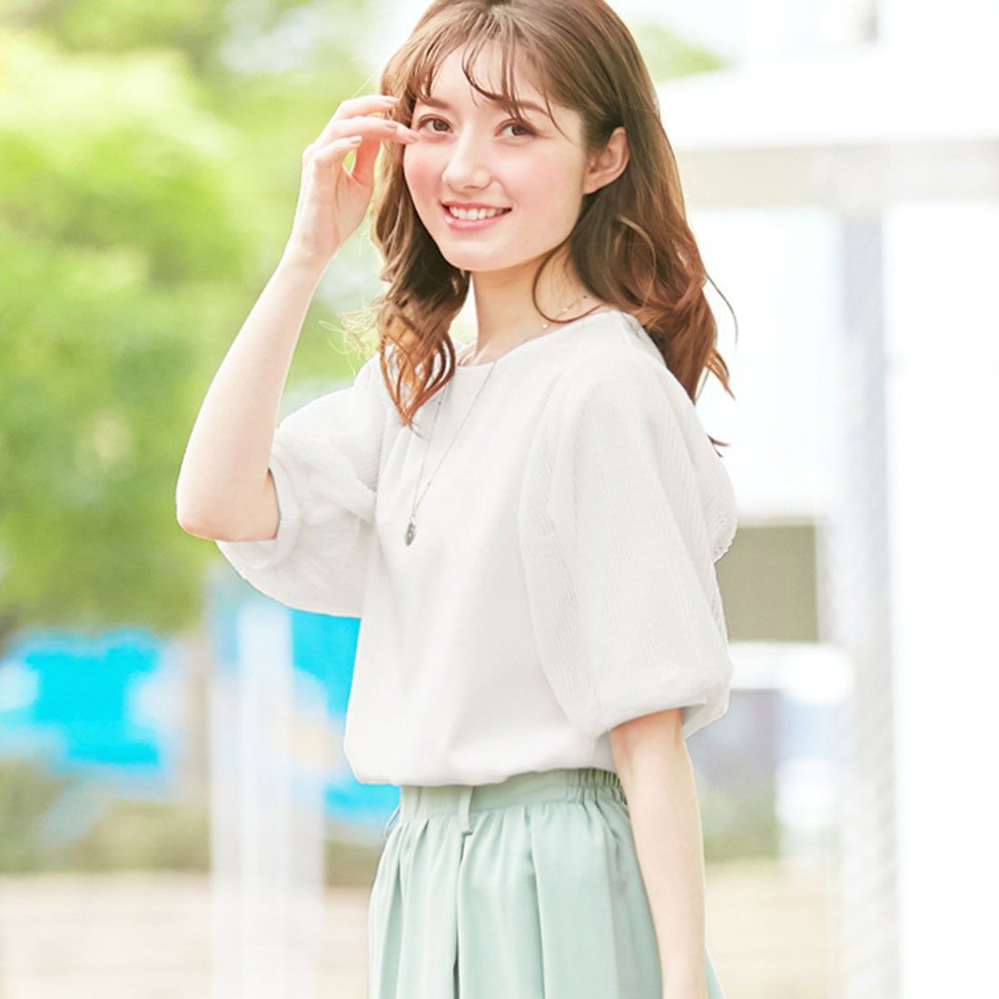 日本 BELLUNA - 抗UV 四機能薄紗泡泡五分袖上衣-薄荷