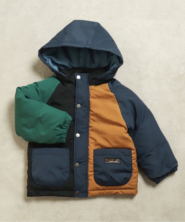 日本 BREEZE - 鋪棉保暖連帽外套-異色拼接-綠x藍