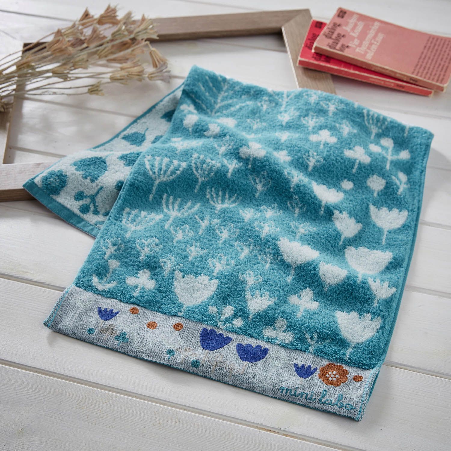 日本千趣會 - mini labo 法式浪漫無燃系純棉長毛巾-鬱金香-藍 (34x80cm)