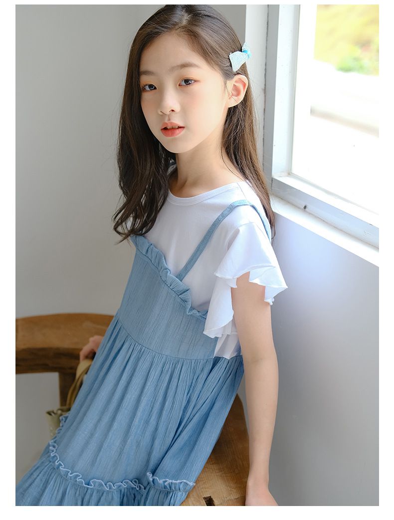 假兩件式拼接蛋糕裙洋裝-藍+白