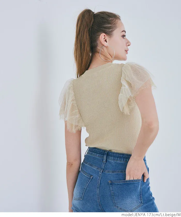 日本 COCA - 圓領坑條拼接蕾絲短袖上衣-黑