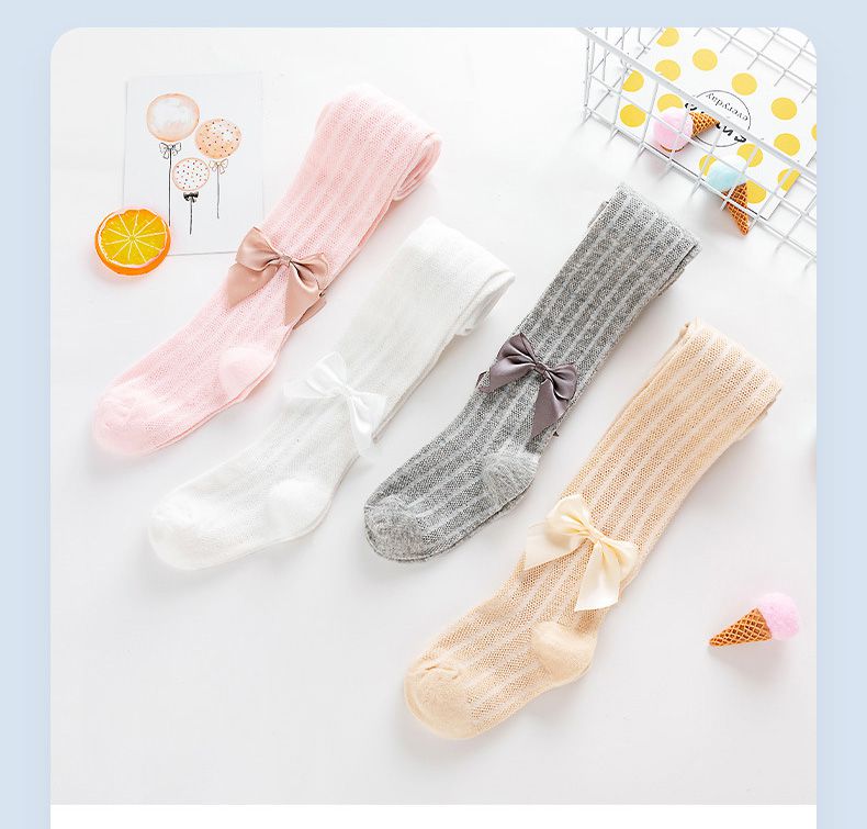 兒童網眼褲襪-網眼透氣褲襪-蝴蝶結-灰色