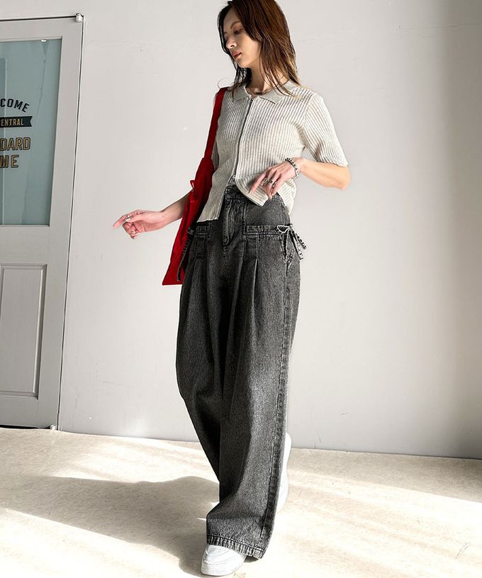 日本 Classical Elf - 側蝴蝶結純棉丹寧摺線寬褲-(環保材質)-淺藍