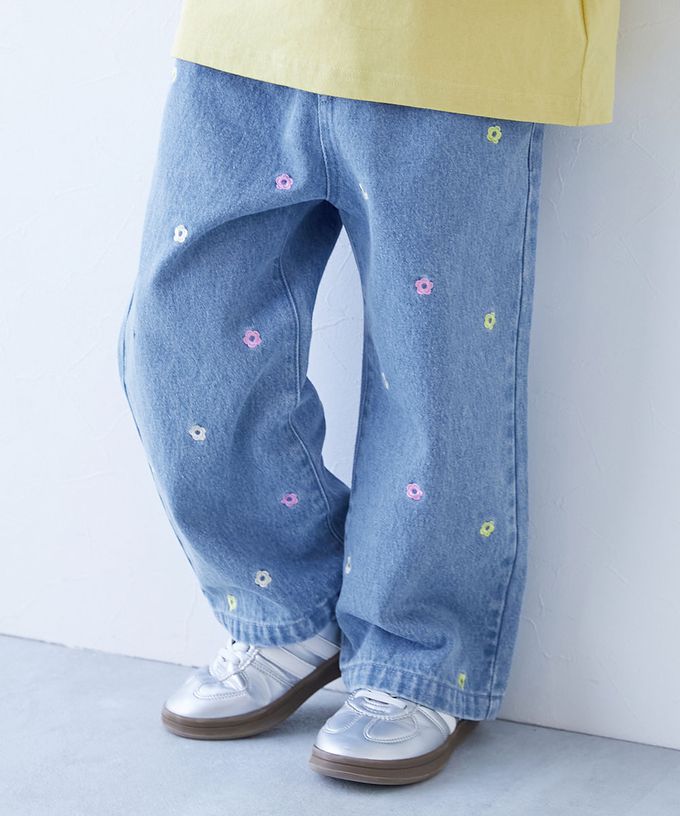 日本 devirock - 甜美亮麗刺繡刷色丹寧寬褲-愛心-海軍藍