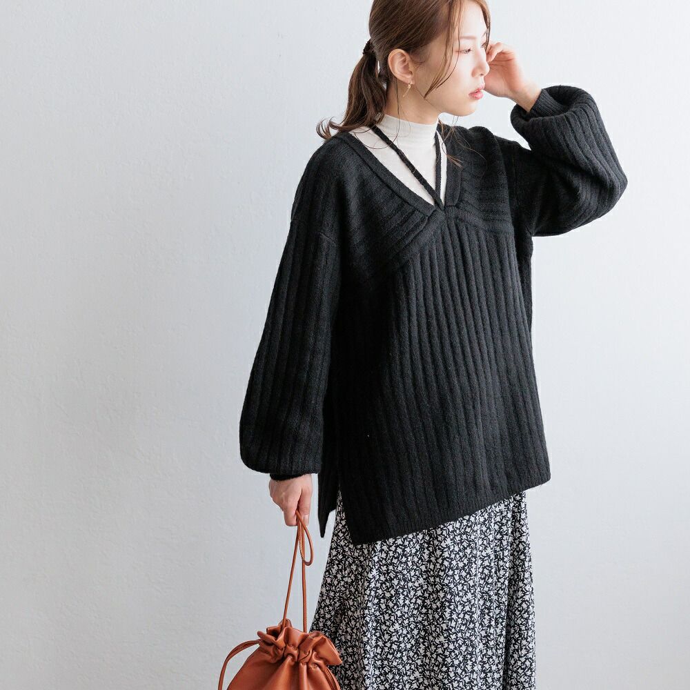 日本 ihuu - 特色綁帶V領針織毛衣-淺灰