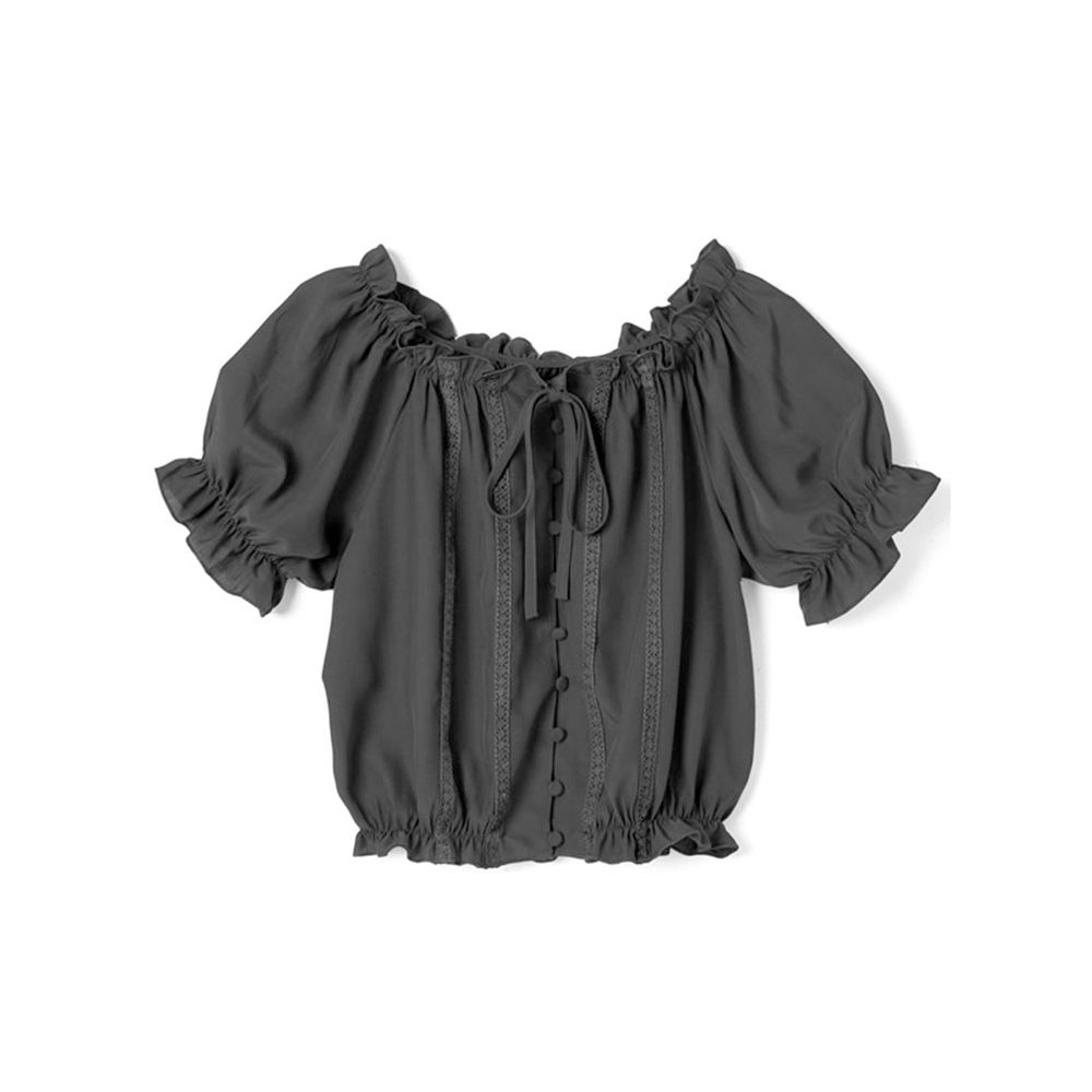 日本 GRL - 古典小綁帶荷葉邊短袖上衣-時尚黑