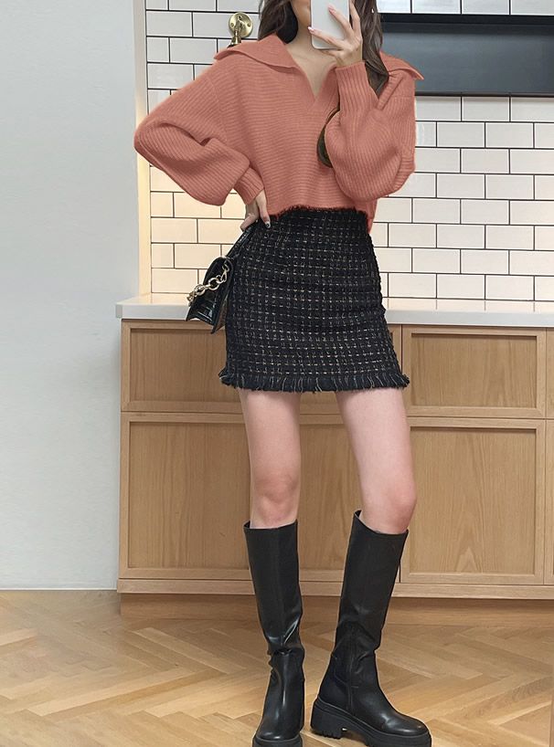 日本 GRL - 小V領畦編短版針織上衣-珊瑚粉 (F)