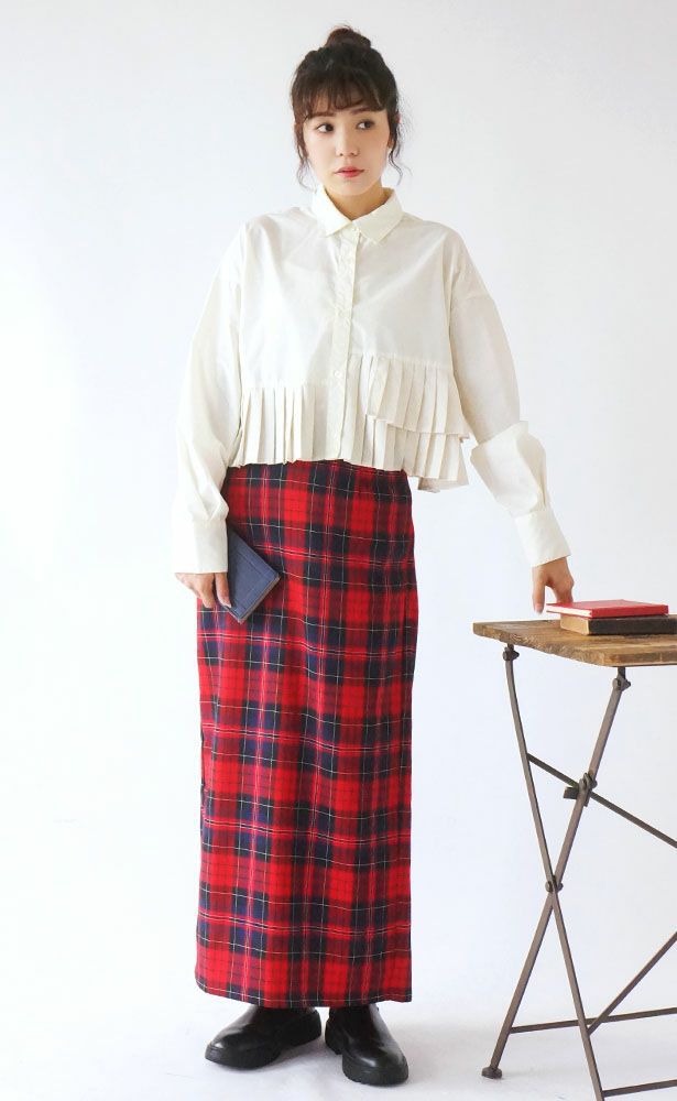 日本 zootie - 學院風格紋修身鉛筆裙-酒紅