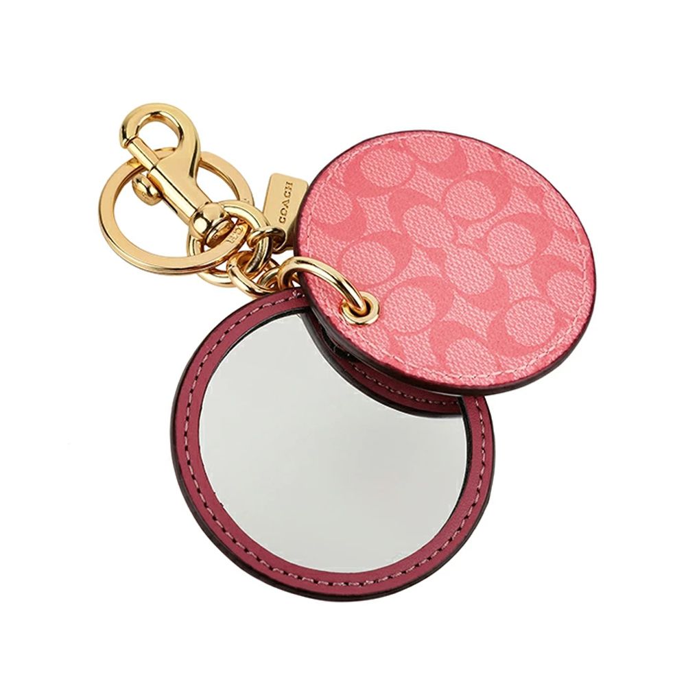 圓形皮革化妝鏡鑰匙圈/吊飾 (玫粉)