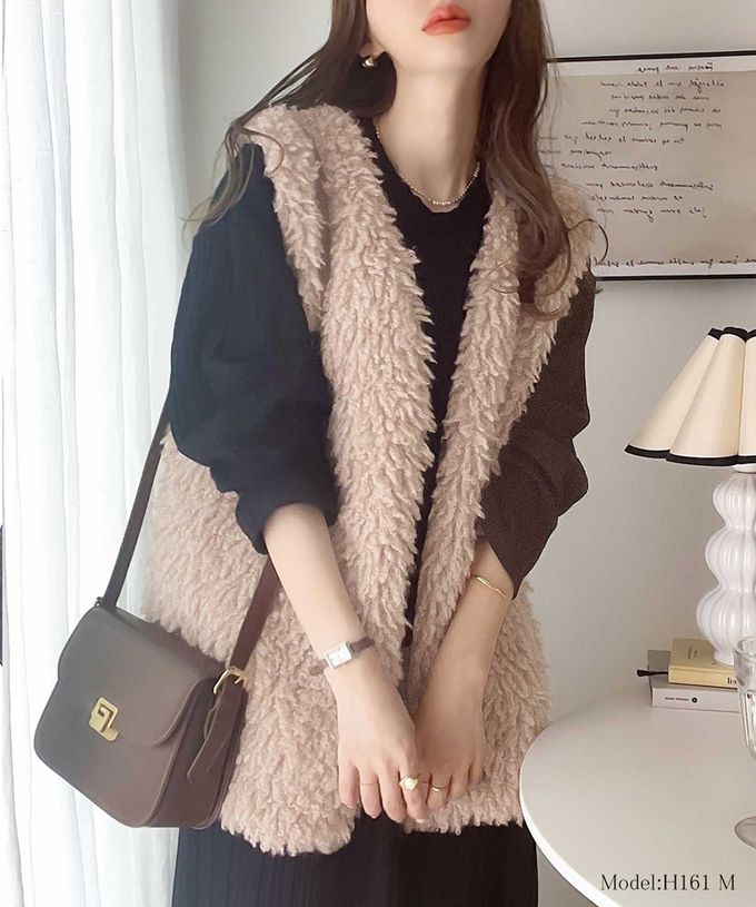 日本 Classical Elf - 優雅泰迪熊絨毛有口袋背心-摩卡