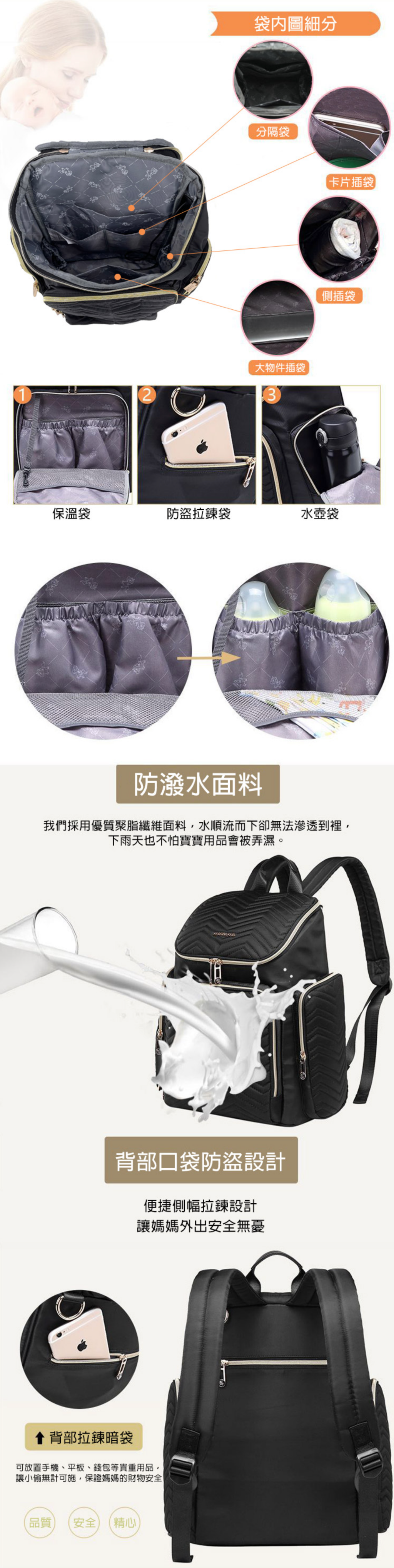 Colorland - 菱格紋大容量後背包 附USB充電接頭-深藍色款 (29*16*37cm)