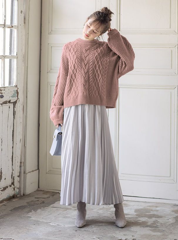 日本 GRL - 浪漫後蝴蝶結綁帶寬版針織毛衣-灰藍