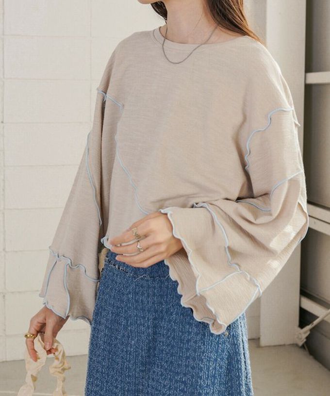 日本 Bab - 活力跳色感木耳邊大寬袖上衣-灰x淺黃