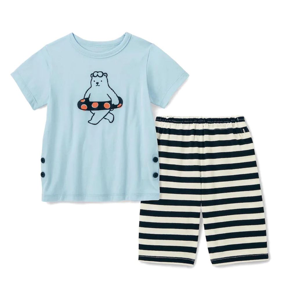 日本千趣會 - (孩子)純棉印花短袖家居服/睡衣-北極熊游泳圈-水藍
