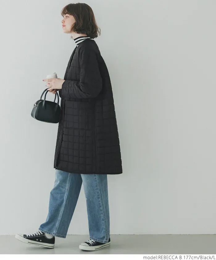 日本 COCA - 格紋絎縫無領長版鋪棉外套-黑