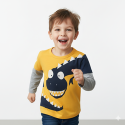 27KIDS - 純棉長袖上衣-撞色恐龍-黃色