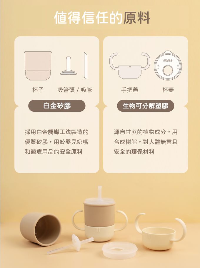 韓國 monee - 100%白金矽膠學習水杯-奶茶棕-200ml(250max)