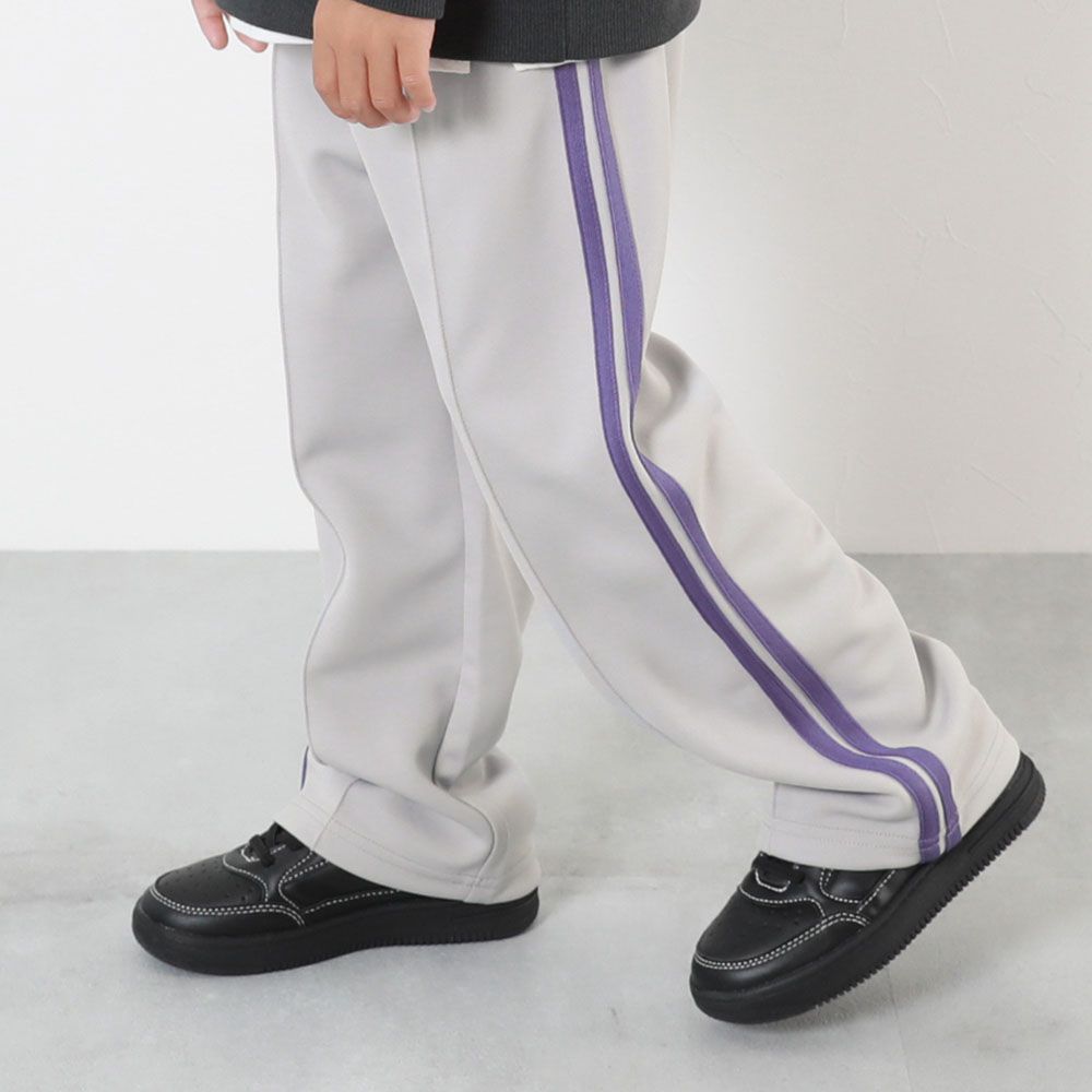 打褶側線條運動風休閒寬褲-淺灰x紫