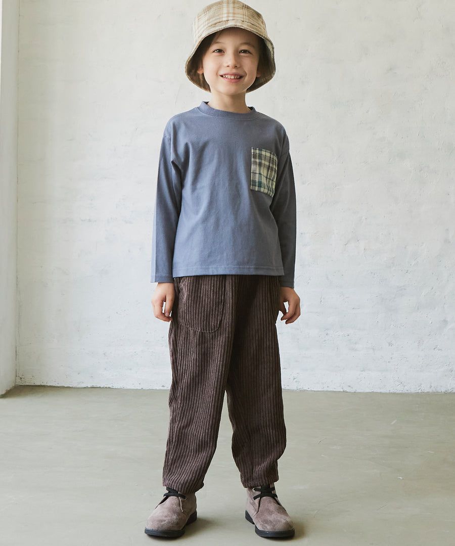 日本 PAIRMANON - 拼接口袋圓領薄長袖上衣-格紋-藍灰