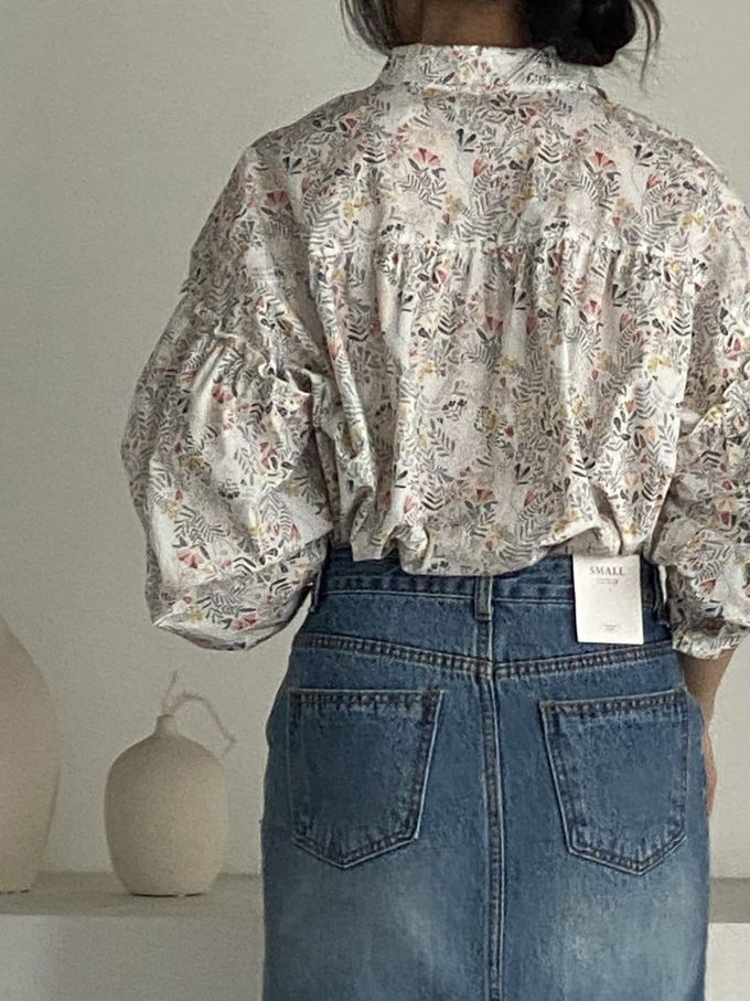 韓國女裝連線 - 花草圖樣翻領拼接長袖襯衫-象牙白 (FREE)