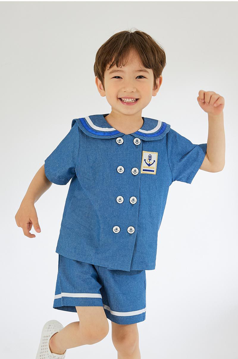 韓國 OZKIZ - 丹寧水手翻領排釦套裝-丹寧藍