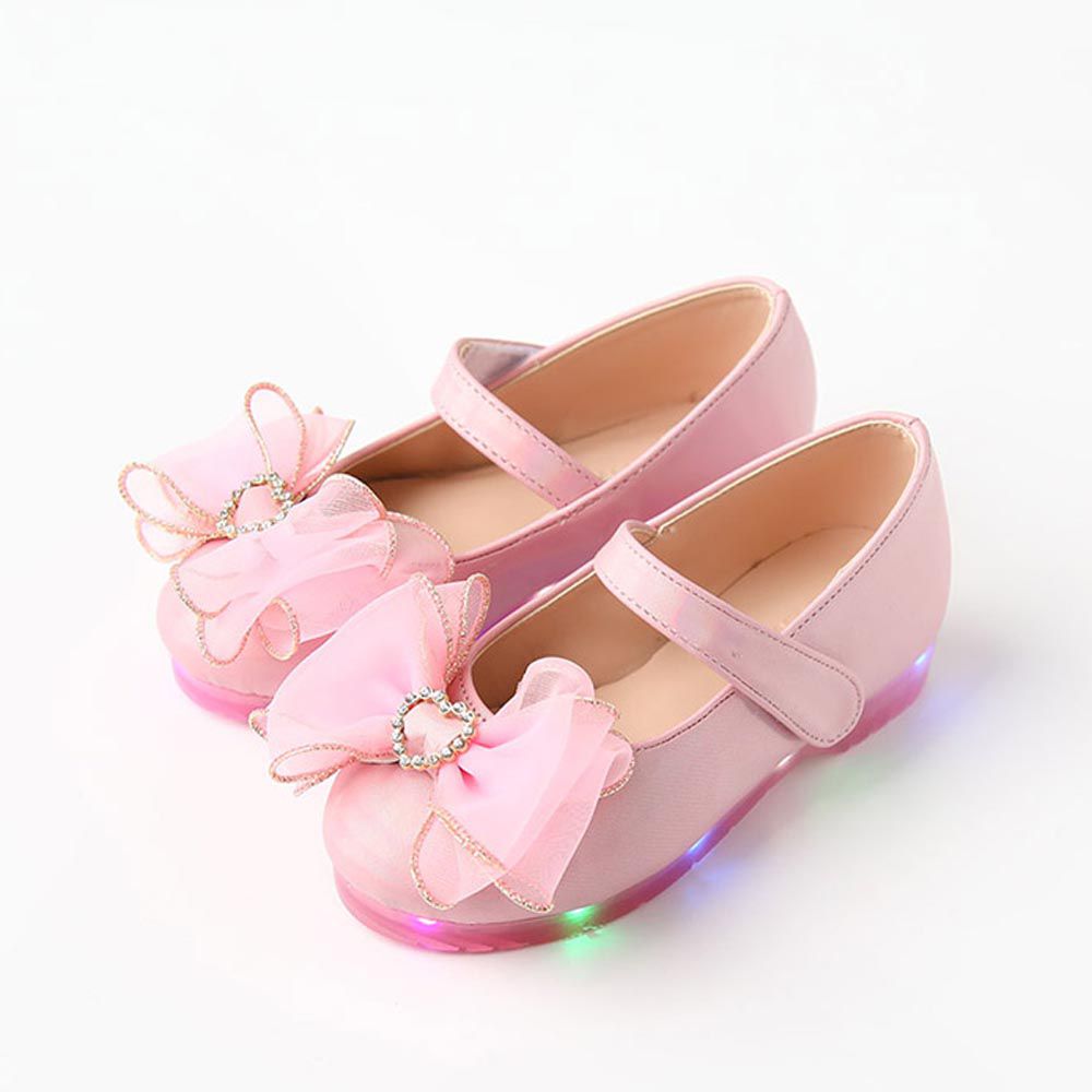 韓國 OZKIZ - (LED)蝴蝶結緞帶炫彩皮鞋-粉