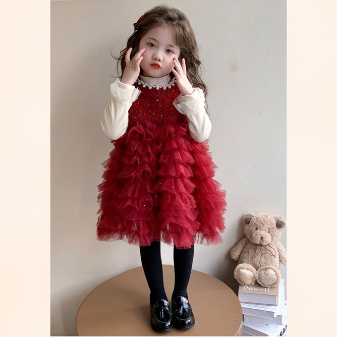 新年拜年法式甜美珍珠鑽飾領口蛋糕網紗洋裝