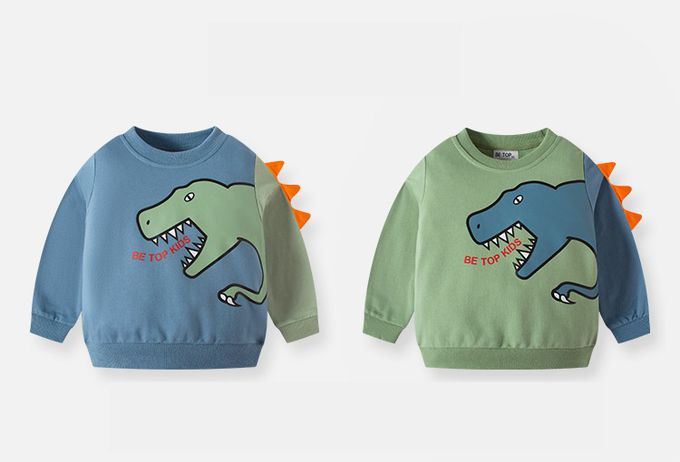 純棉立體造型長袖上衣/大學T-抽象恐龍-軍綠色