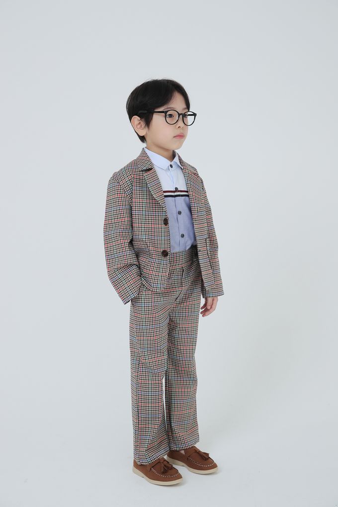 韓國 Coco Bang - 多彩色線格紋翻領西裝外套-咖X紅X綠X藍紫