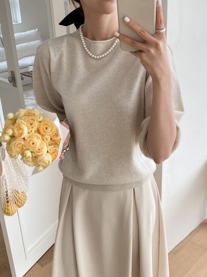 韓國女裝連線 - 不刺膚！喀什米爾羊毛七分袖針織上衣-燕麥 (FREE)