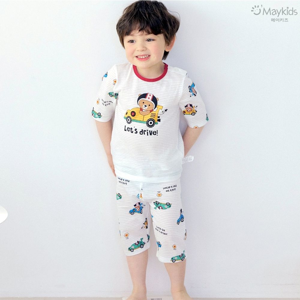 透氣條紋提花棉七分袖家居服-兜風熊熊-米白