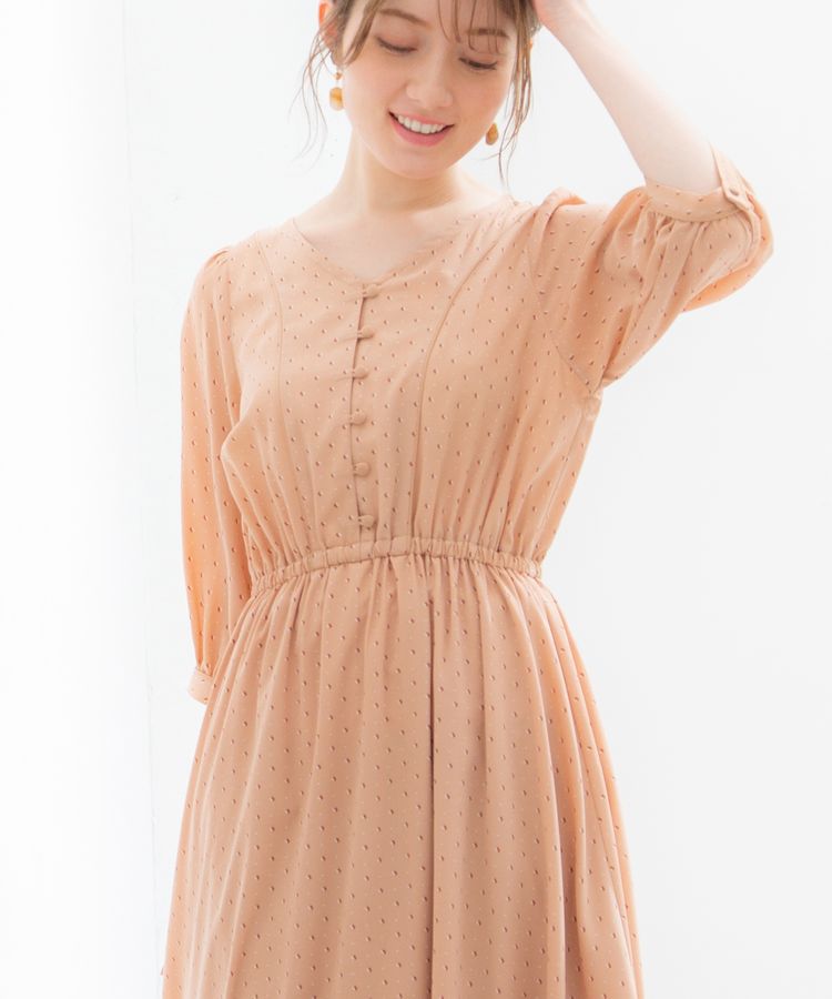 日本 Honeys - V領縮腰排釦七分袖雪紡洋裝-碎花-水藍