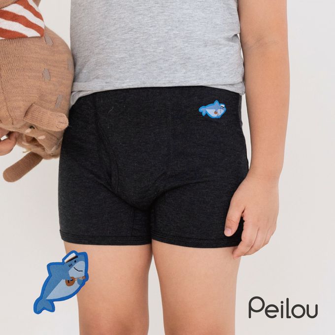 貝柔 Peilou - 天絲棉舒膚平衡童男平口褲-貼布繡-鯊魚-黑