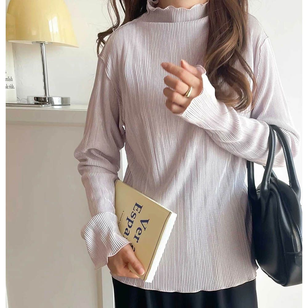 羅紋線條感木耳小高領長袖上衣-淺灰