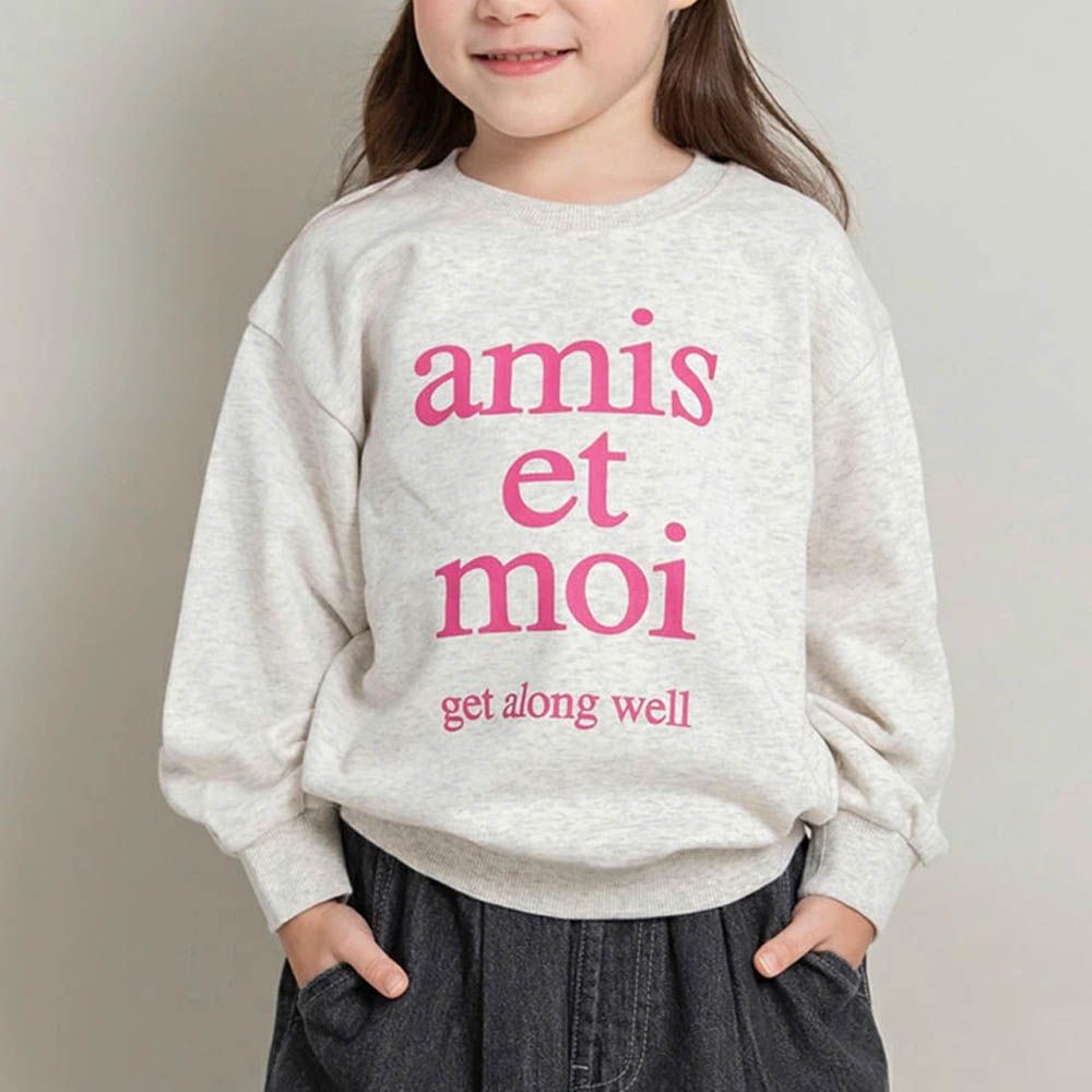 可愛女孩印花縮口長袖上衣-英文LOGO-燕麥