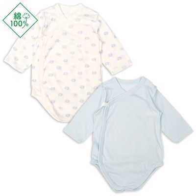 akachan honpo - 輕鬆方便長袖包屁衣2件組-前開式 大象-淺藍色