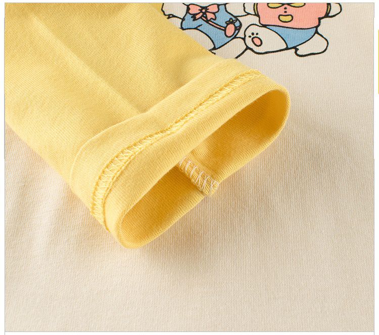 純棉圓領薄長袖上衣-動物好朋友-杏+黃