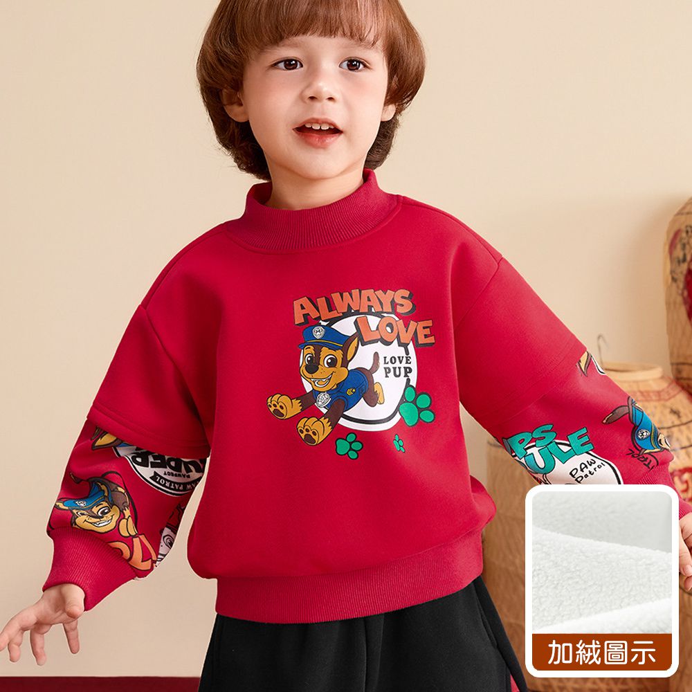 卡通汪汪隊加絨半高領假兩件長袖上衣-卡通人物阿奇-紅x印花